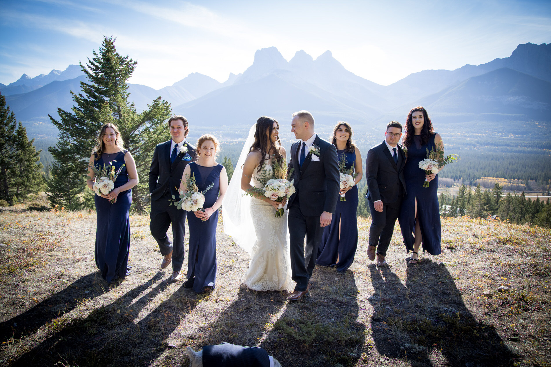 Wedding Party photos in Canmore Alberta overlooking the town